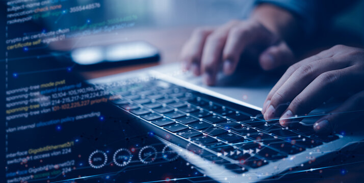 Digital technology, Coding programmer and cyber security, Software development, javascript on virtual screen, internet of things IoT. - Powered by Adobe