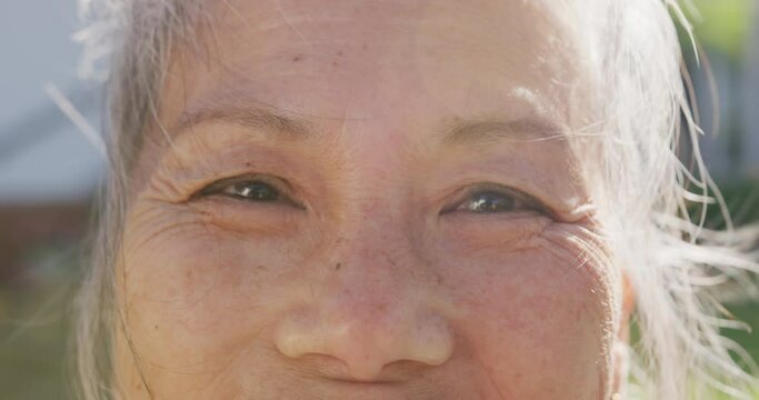 Portrait of happy asian senior woman on sunny day in garden
