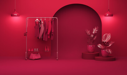 Creative interior design in viva magenta studio with Clothes hanging on a rack, plant pot and armchair. Trend colour year 2023 in the bed room.3d render	
