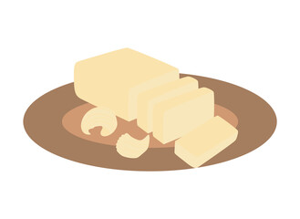 Natural butter and cut pieces on wooden round plate. Dairy products. Vector illustration isolated design