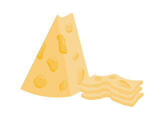 Triangular piece of cheese with holes and cut slices. Dairy products. Vector illustration isolated design