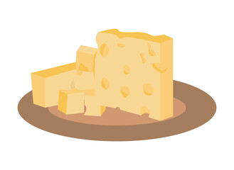 Yellow hard cheese with holes and cut square pieces on plate. Dairy products. Vector illustration isolated design