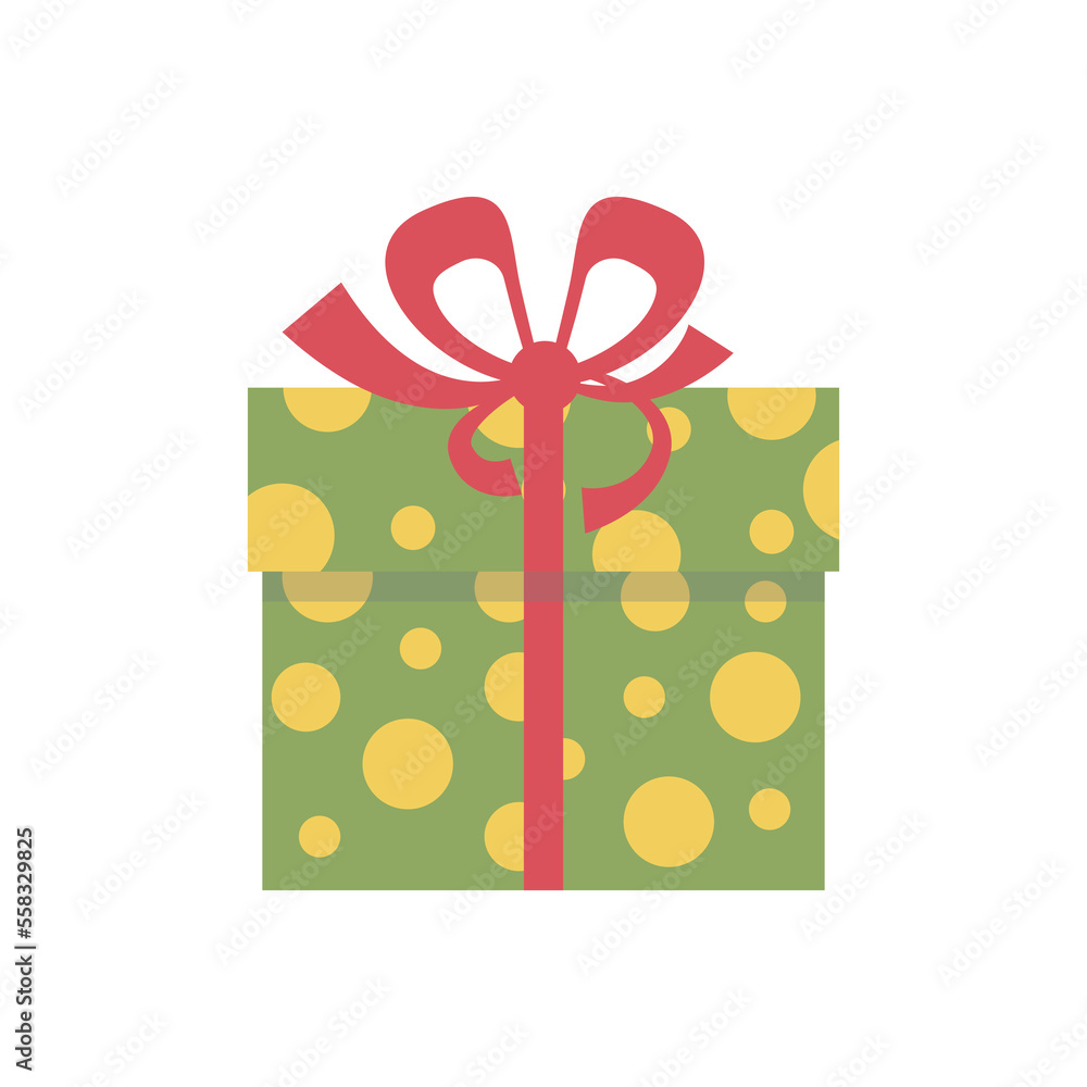Poster Gift in cardboard box with bright wrapping paper with red ribbon and bow. Vector illustration isolated design
