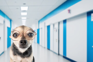 dog vision protection, ophthalmology for pet, puppy with glasses in a veterinary clinic