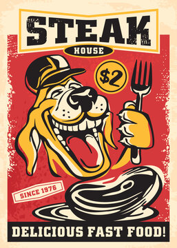 Naklejki Happy dog holding the fork and eating delicious beef steak cartoon style drawing. Retro poster ad for steak house with funny dog and chop of meat. Vector illustration.