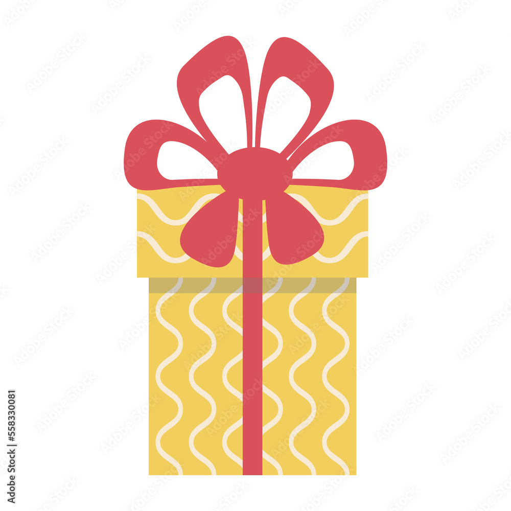 Poster gift in box with yellow wrapping paper with curl lines pattern, red ribbon and bow. vector illustrat