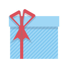 Gift in box with blue wrapping paper with lines pattern, red ribbon and bow. Vector illustration isolated design