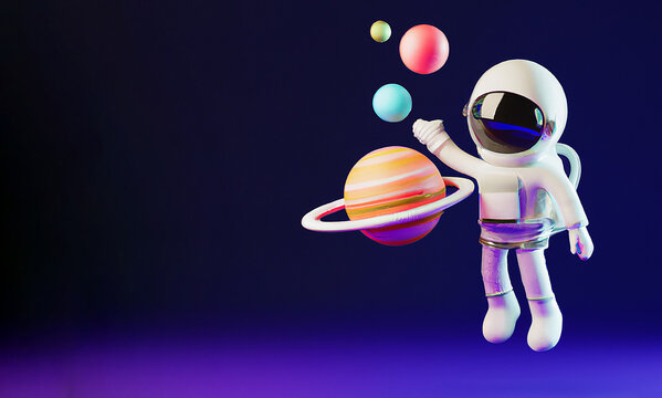 illustrazione di astronauta vicino a pianeti come saturno nello spazio con copy space, stile cartone animato 3 d render creato con intelligenza artificiale, AI