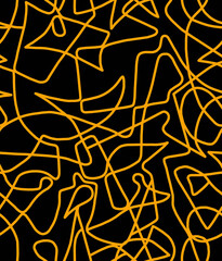 Abstract doodle drawing with orange lines on a black background.Seamless pattern.