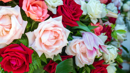 Colorful fresh roses or multi-colored roses background. A beautiful bouquet of roses for valentines