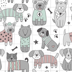 Childish seamless pattern with dogs in Scandinavian style. Vector background. 