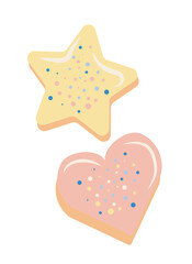 Icing cookies in shape of star and heart. Cooking homemade cakes and desserts. Vector illustration isolated design