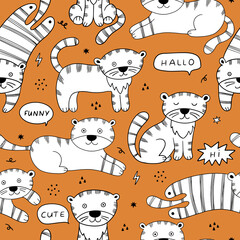 Fototapeta premium Cartoon tiger in doodle style on the orange background. Vector background. 