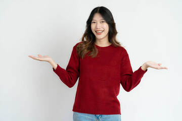 Asian long hair black beautiful woman feeling very happy Excited hand gesture and amazed. Studio portrait isolated on white background.