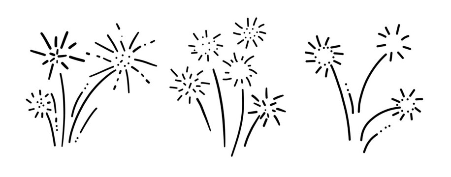 Vector fireworks illustration isolated on white in doodle comic scribble sketch style bullet journal. Holiday sparkling burst party in the sky.