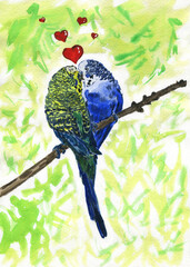Hand drawn watercolor illustration with parrots in love on a branch. Birds on the background of tropical foliage. Valentine day print for postcards, posters, etc.