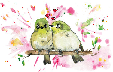 Hand drawn watercolor illustration with cute love birds on a branch. Birds on the background of abstract spots. Valentine day print for postcards, posters, etc.
