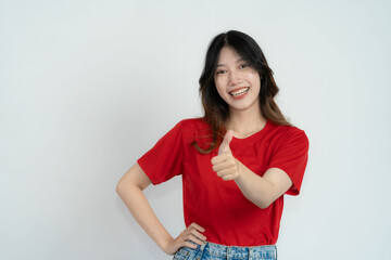 Asian long hair black beautiful woman feeling very happy Excited hand gesture and amazed. Studio portrait isolated on white background.