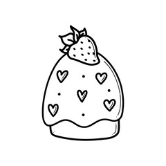 Doodle sweet strawberry cupcake with hearts vector illustration. Cute romantic Valentines day hand drawn cake isolated on white.