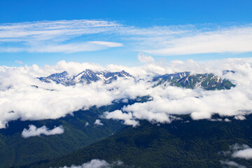mountain landscape with blue sky above clouds, hilltops and natural green forests, background and wallpaper
