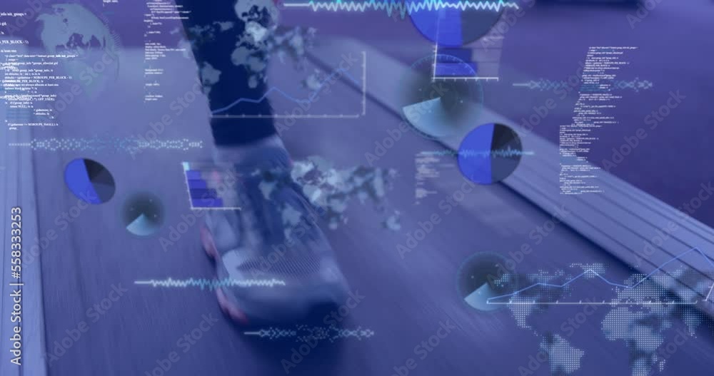 Poster animation of data processing over woman running on treadmill, exercising in gym
