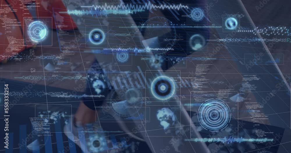 Poster animation of data processing over woman running on treadmill, exercising in gym