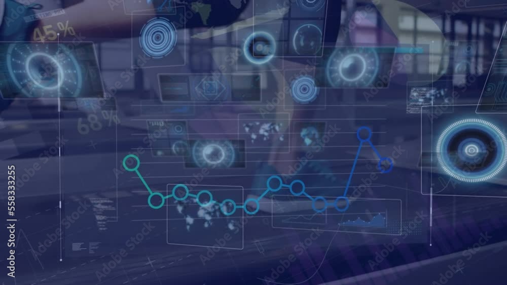 Poster animation of data processing over woman running on treadmill, exercising in gym