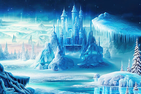 Fantasy ice palace or fairy tale castle in snow landscape (Generative AI)