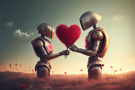 Romantic robot couple holding red heart for Valentine's Day (Generative AI)