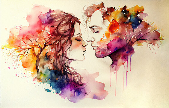 Romantic watercolor couple kissing on Valentine's Day (Generative AI)