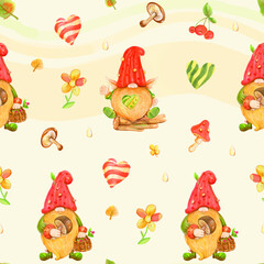 Funny gnomes of the Forest - Seamless watercolor pattern.