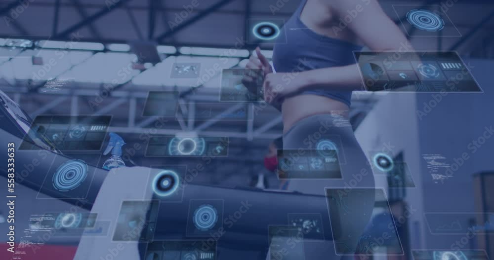 Poster Animation of data processing over woman running on treadmill, exercising in gym