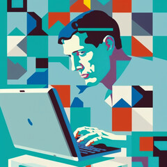 man with laptop computer, geometrical shapes, vintage, retro vibe, generative AI