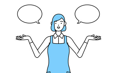 ふきだしつき、比較をするエプロンを着た女性