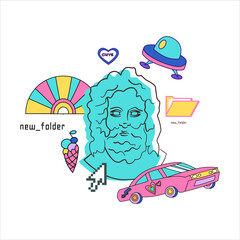 Y2k and old pc aesthetic Greek Zeus statue. Fun print with ancient sculpture male head and pixel art . Graphic in 80's style.