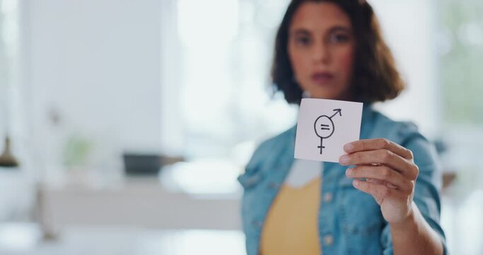 Woman, sex sign and gender equality in business, corporate worker protest for balance and equity in workplace. Hand with gender icon, equal pay and feminism with fair opportunity and social mockup.