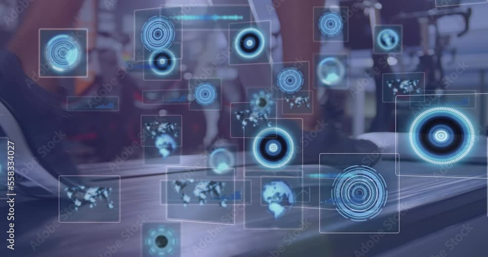 Poster animation of data processing over woman running on treadmill, exercising in gym