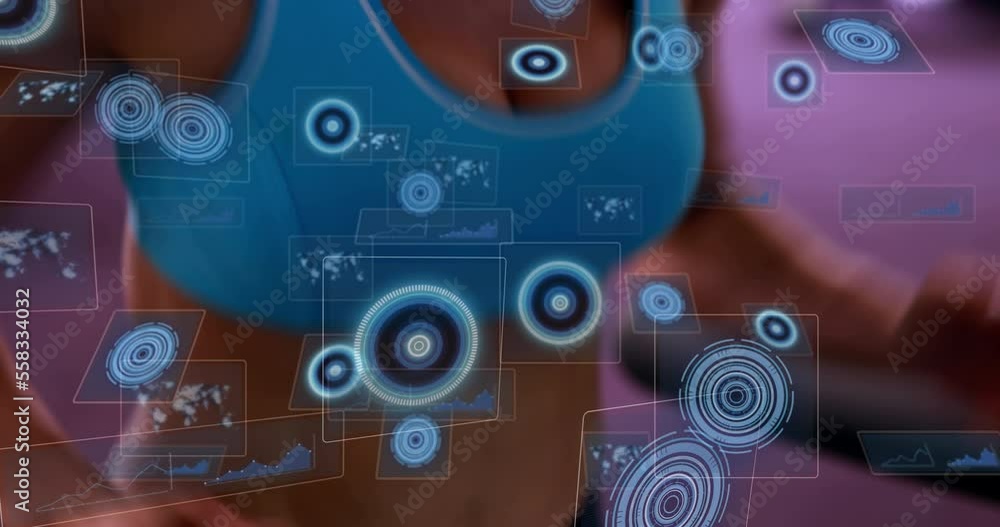Poster animation of data processing over woman running on treadmill, exercising in gym