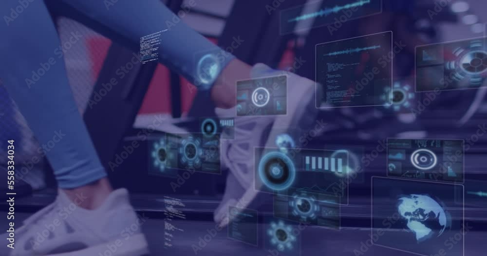 Poster animation of data processing over woman running on treadmill, exercising in gym