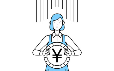 為替差損や円安のイメージ、エプロンを着た女性