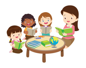 Happy Children reading book Back to School Concept kids and book