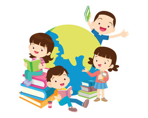 Happy Children reading book Back to School Concept kids and book