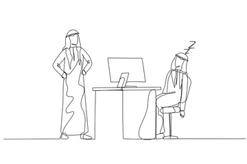 Illustration of arab man falling asleep at work time get caught by boss concept of slacking off. One line style art