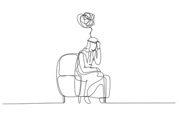 Cartoon of arab man depressed and overthinking because of bankruptcy and loss. Single continuous line art style