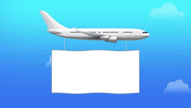 Airplane with advertising banner on blue sky with clouds. Animation of Tourists Plan fly with Promotion White Blank (copy space). 4k Video