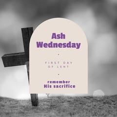 Naklejka premium Ash wednesday, first day of lent, remember his sacrifice text in arch with cross on grassy land