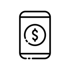 Smartphone line icon. Coin, earnings, investments, online, bank, exchange, work, organization, shop, sale, purchase, money, transactions. Business concept. Vector black line icon on a white background
