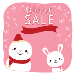 雪だるまとうさぎの冬バナー/ピンク 正方形/ウインターセール