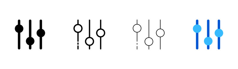 Volume mixer flat and line icon set. Buttons, controls, click, menu, pause, start, list, advanced, expand, hide, navigate, site, sort. design concept. Vector flat and black line icon set