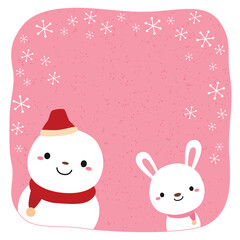 雪だるまとうさぎの冬バナー/ピンク 正方形/文字なし